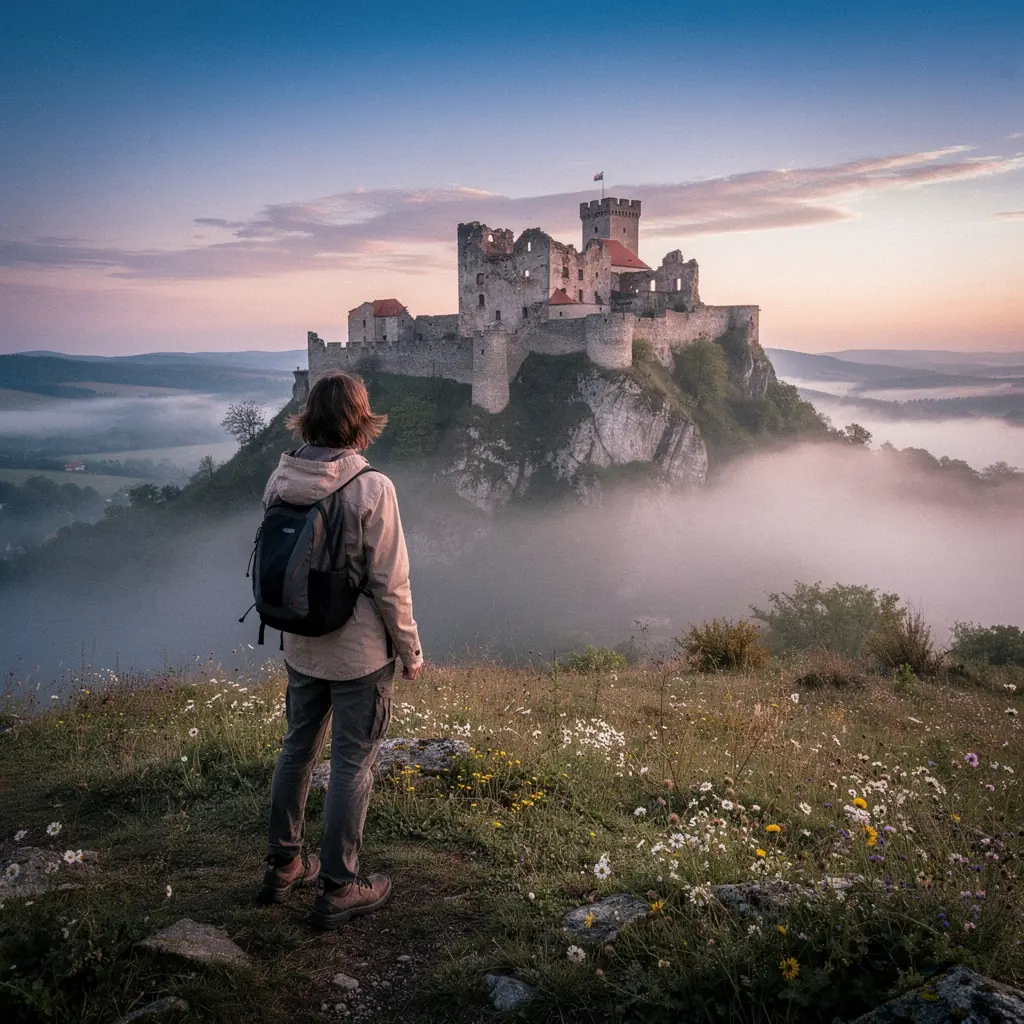 A scenic view of a historic castle overlooking the lush Slovak countryside, showcasing the region's architectural heritage.