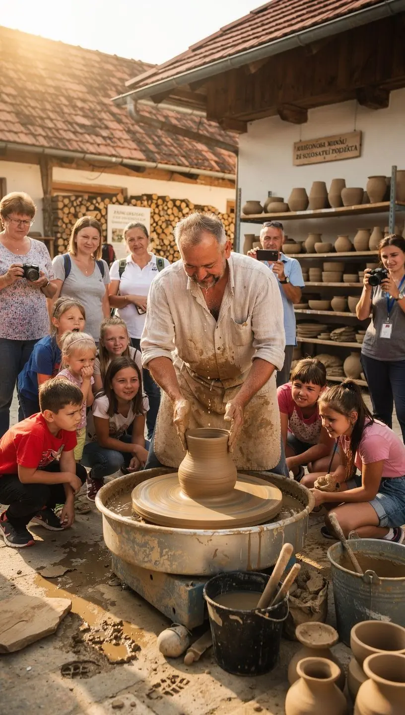 Visitors exploring a charming cobblestone street lined with traditional houses and vibrant flowers, reflecting Slovakia's cultural richness.