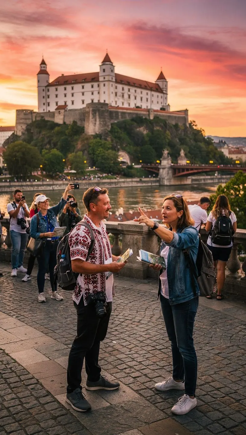 A group of tourists admiring a stunning panoramic vista from a hilltop, capturing the beauty of Slovakia's diverse landscapes and heritage.